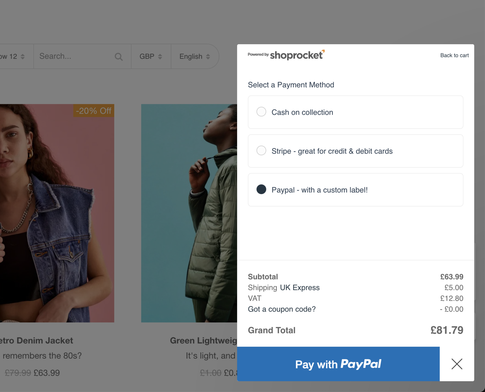 Example of payment methods at checkout