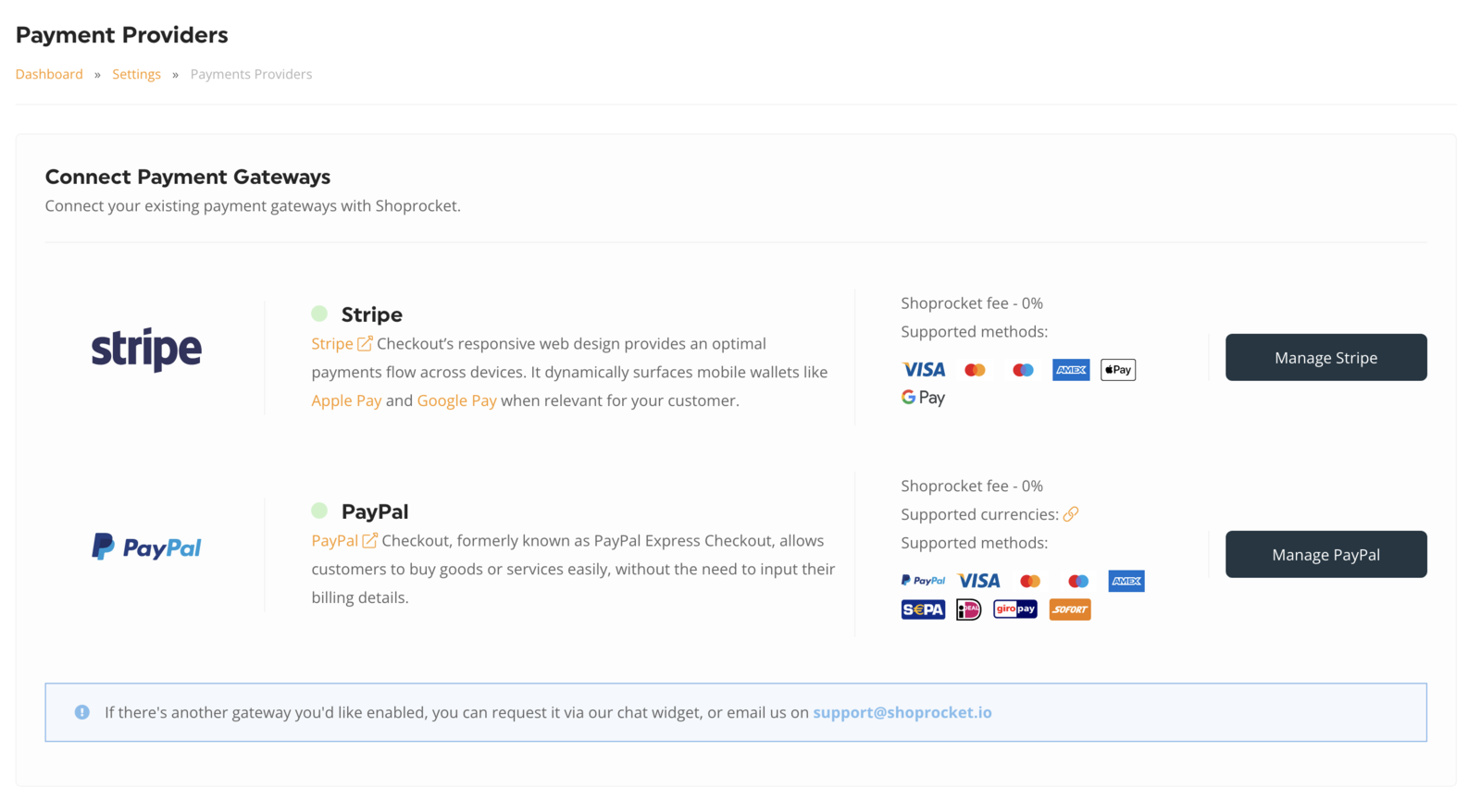 Manage your payment gateways